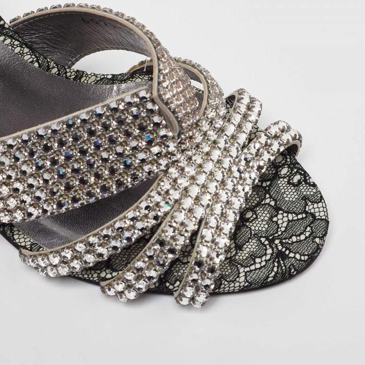 Pre Owned Gina Silver Crystal Embellished Leather Dakota Sandals Size 37.5
