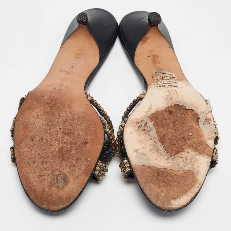 Pre Owned Gina Black/Gold Leather Crystal Embellished Slide Sandals Size 39.5