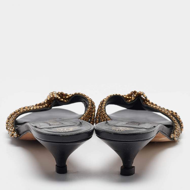 Pre Owned Gina Black/Gold Leather Crystal Embellished Slide Sandals Size 39.5