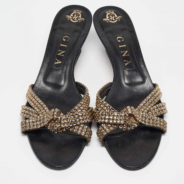 Pre Owned Gina Black/Gold Leather Crystal Embellished Slide Sandals Size 39.5