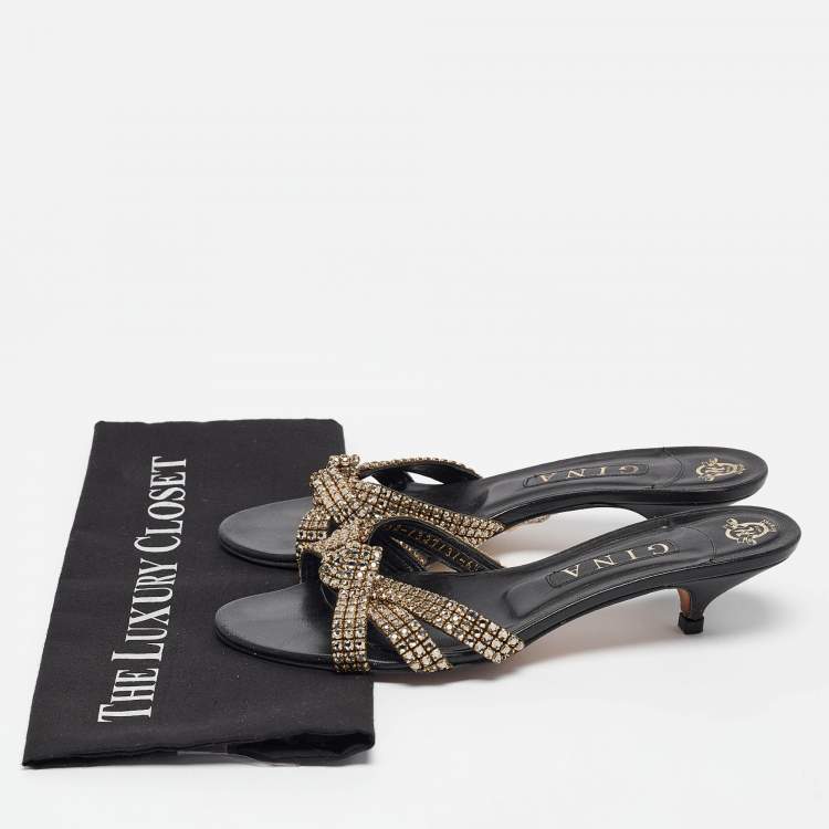 Pre Owned Gina Black/Gold Leather Crystal Embellished Slide Sandals Size 39.5