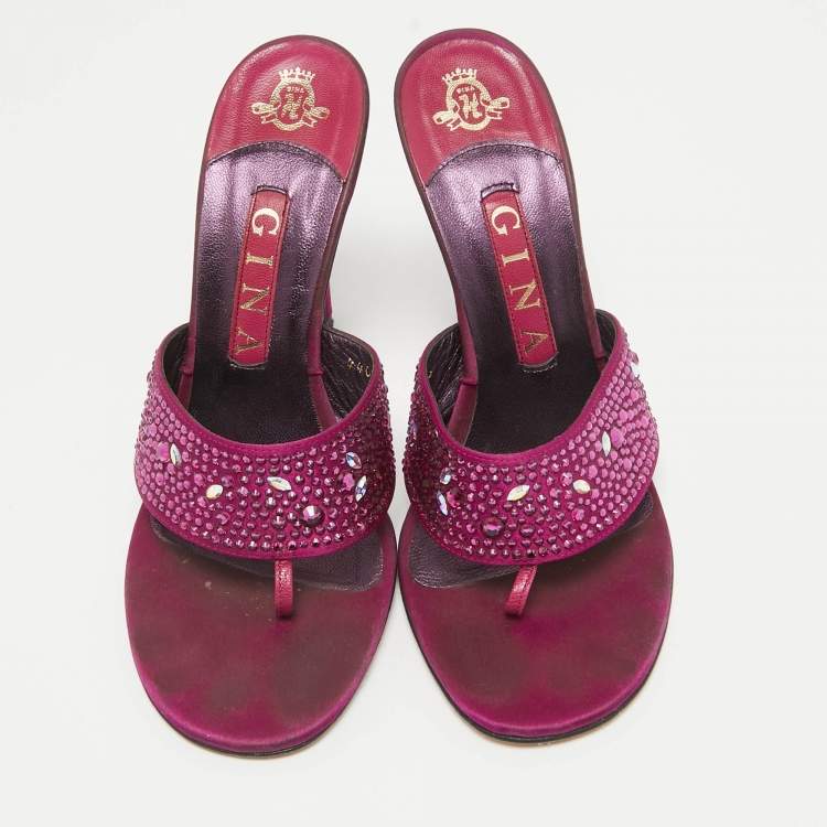 Pre Owned Gina Magenta Pink Satin Crystal Embellished Slide Sandals Size 38