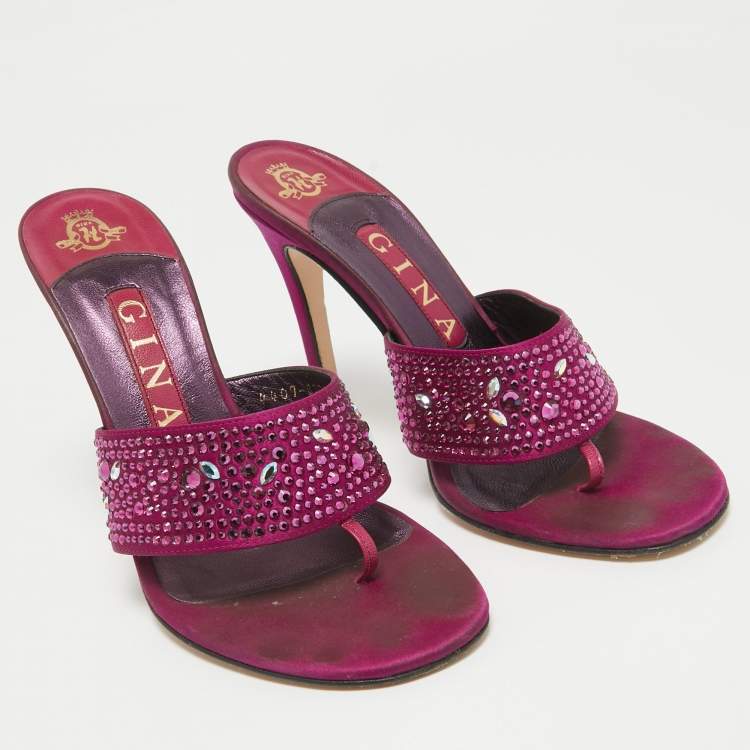 Pre Owned Gina Magenta Pink Satin Crystal Embellished Slide Sandals Size 38