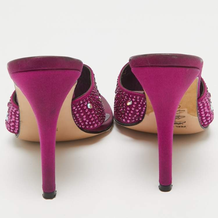 Pre Owned Gina Magenta Pink Satin Crystal Embellished Slide Sandals Size 38