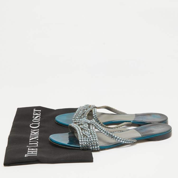 Pre Owned Gina Blue Leather Crystal Embellished Flat Sandals Size 40.5