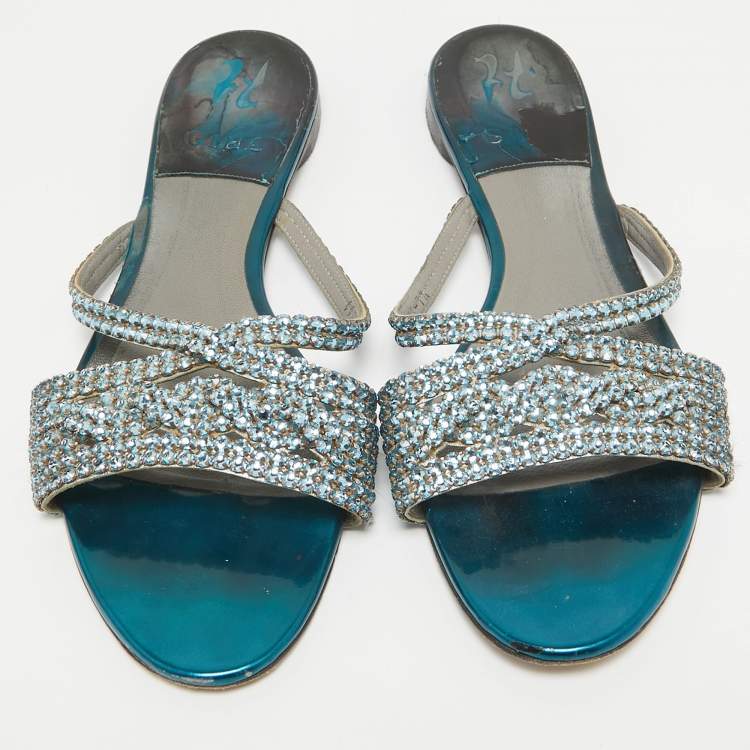 Pre Owned Gina Blue Leather Crystal Embellished Flat Sandals Size 40.5