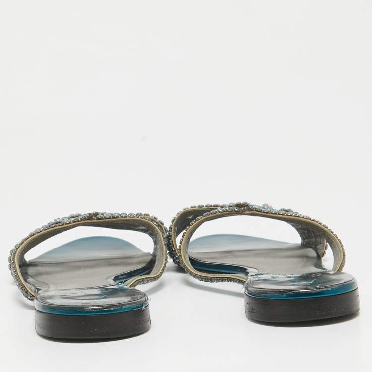 Pre Owned Gina Blue Leather Crystal Embellished Flat Sandals Size 40.5
