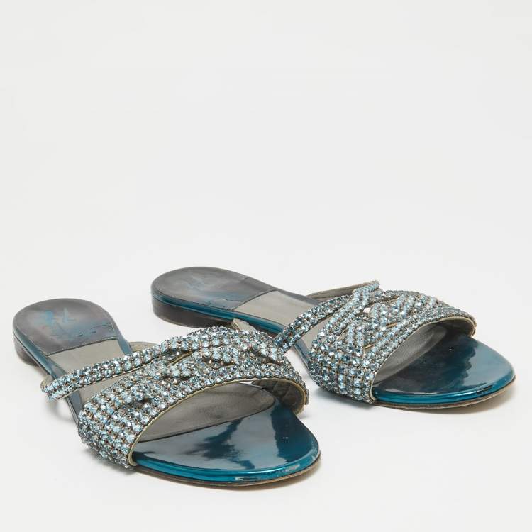 Pre Owned Gina Blue Leather Crystal Embellished Flat Sandals Size 40.5