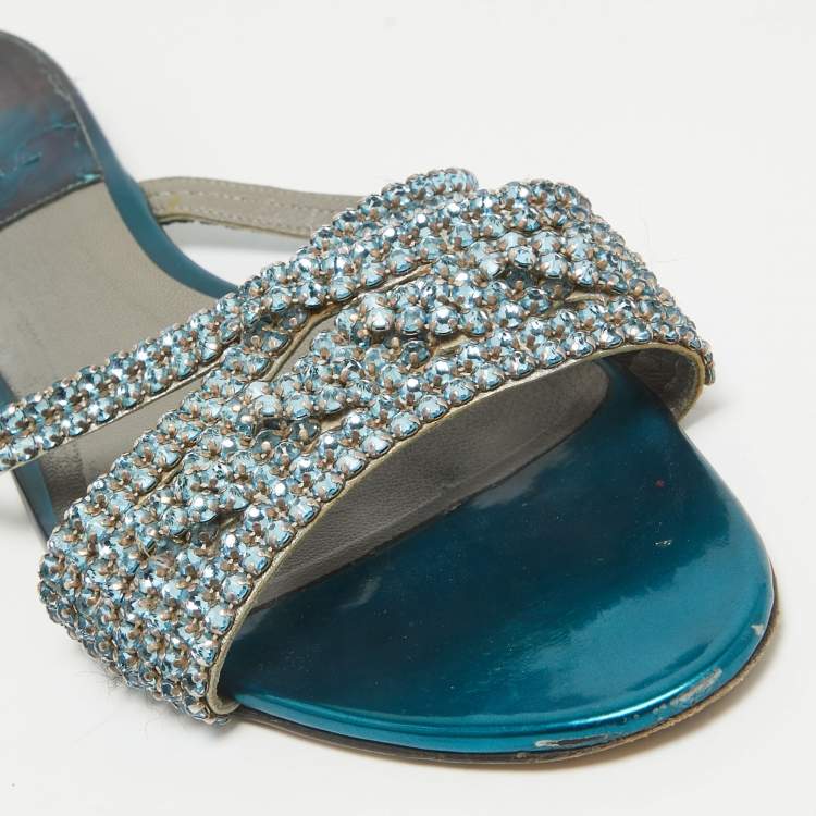 Pre Owned Gina Blue Leather Crystal Embellished Flat Sandals Size 40.5