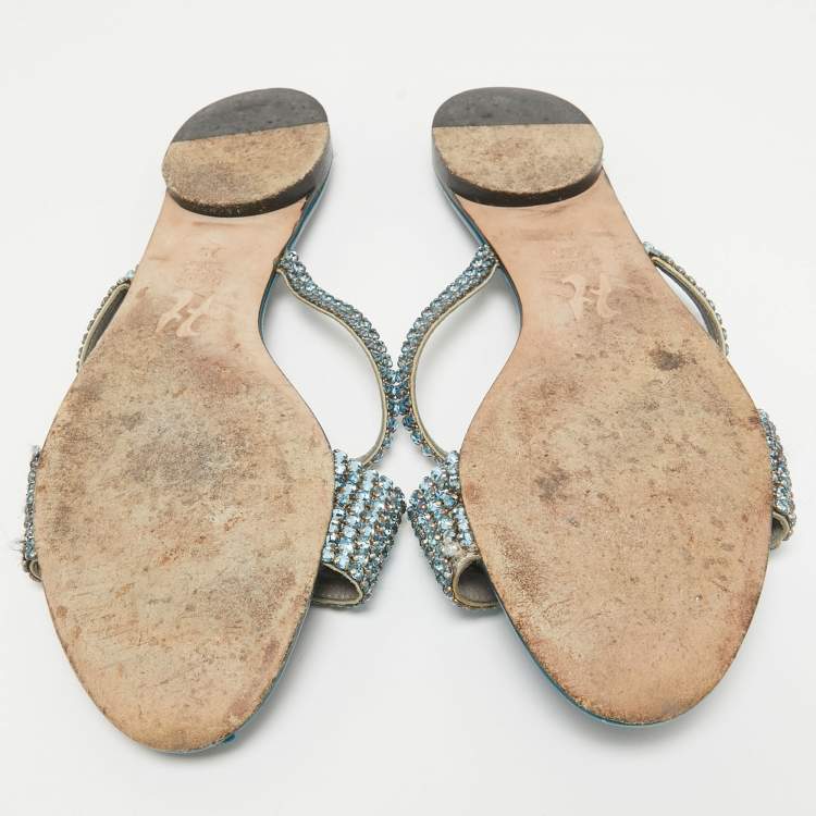 Pre Owned Gina Blue Leather Crystal Embellished Flat Sandals Size 40.5
