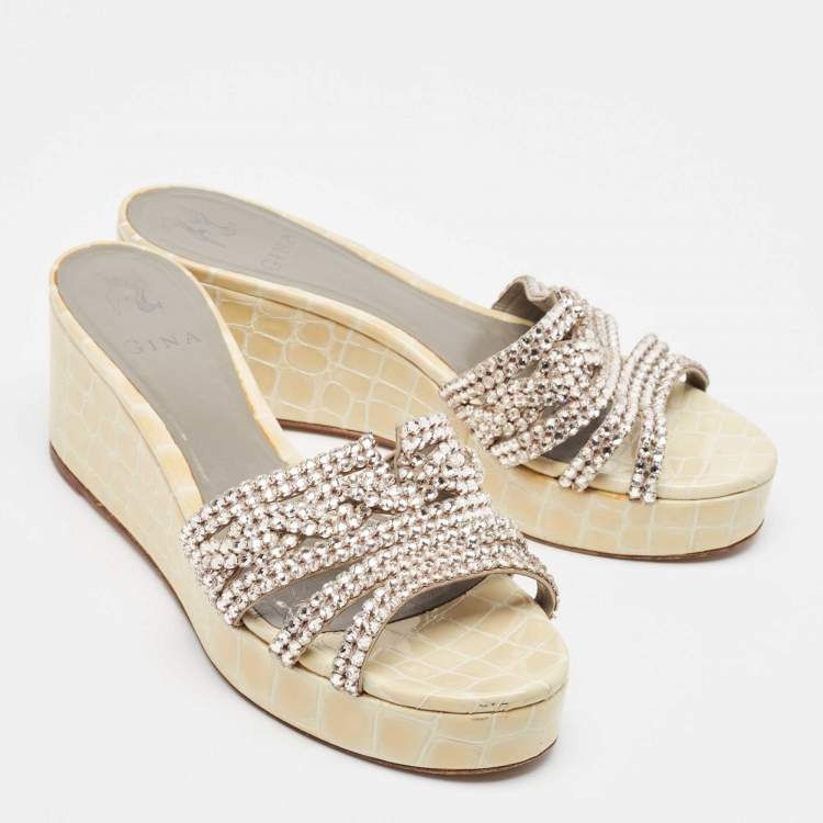 Pre Owned Gina Cream Croc Embossed Patent and Leather Wedge Sandals Size 39.5