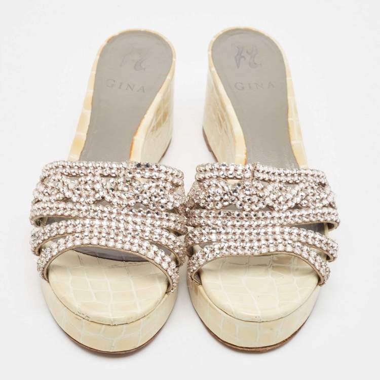 Pre Owned Gina Cream Croc Embossed Patent and Leather Wedge Sandals Size 39.5