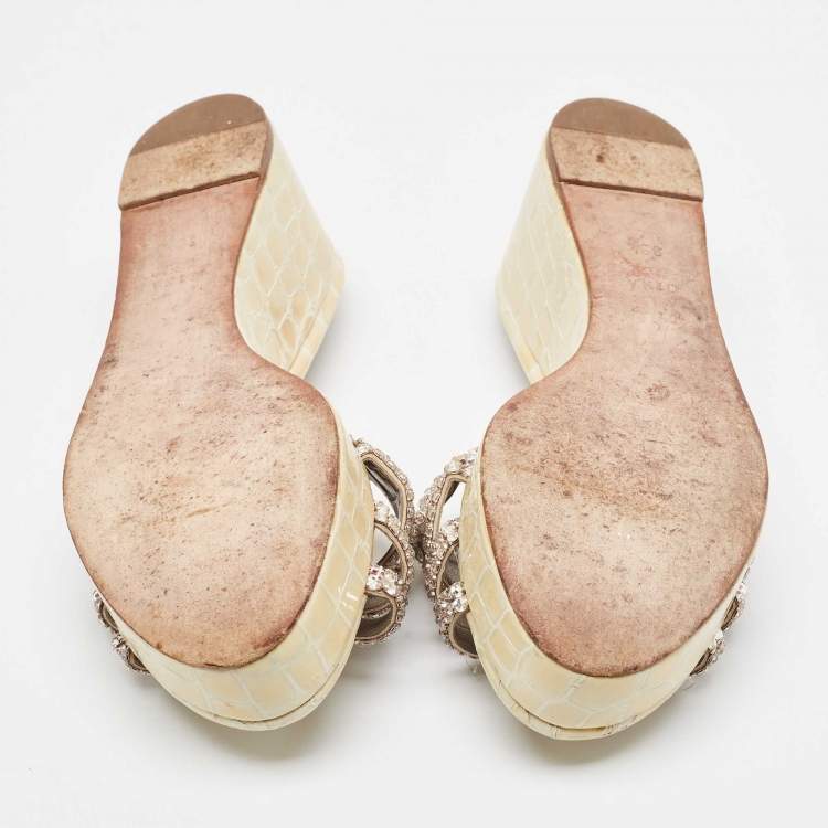 Pre Owned Gina Cream Croc Embossed Patent and Leather Wedge Sandals Size 39.5