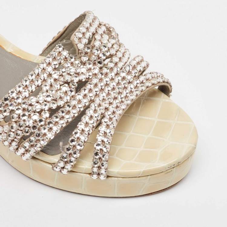 Pre Owned Gina Cream Croc Embossed Patent and Leather Wedge Sandals Size 39.5