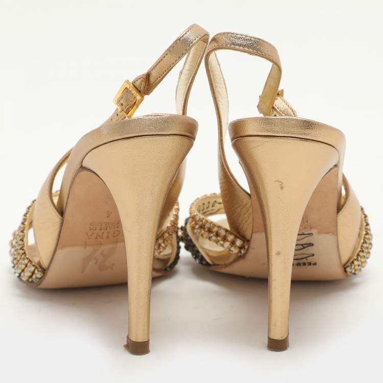 Pre Owned Gina Gold Leather Crystal Embellished Slingback Sandals Size 37
