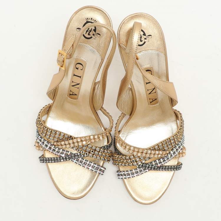 Pre Owned Gina Gold Leather Crystal Embellished Slingback Sandals Size 37