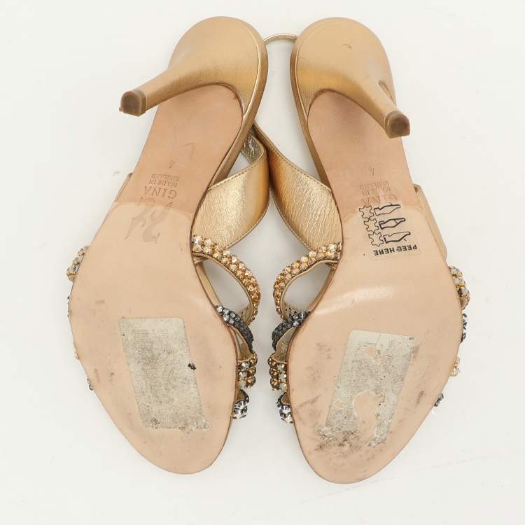 Pre Owned Gina Gold Leather Crystal Embellished Slingback Sandals Size 37