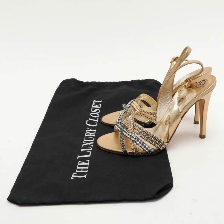 Pre Owned Gina Gold Leather Crystal Embellished Slingback Sandals Size 37