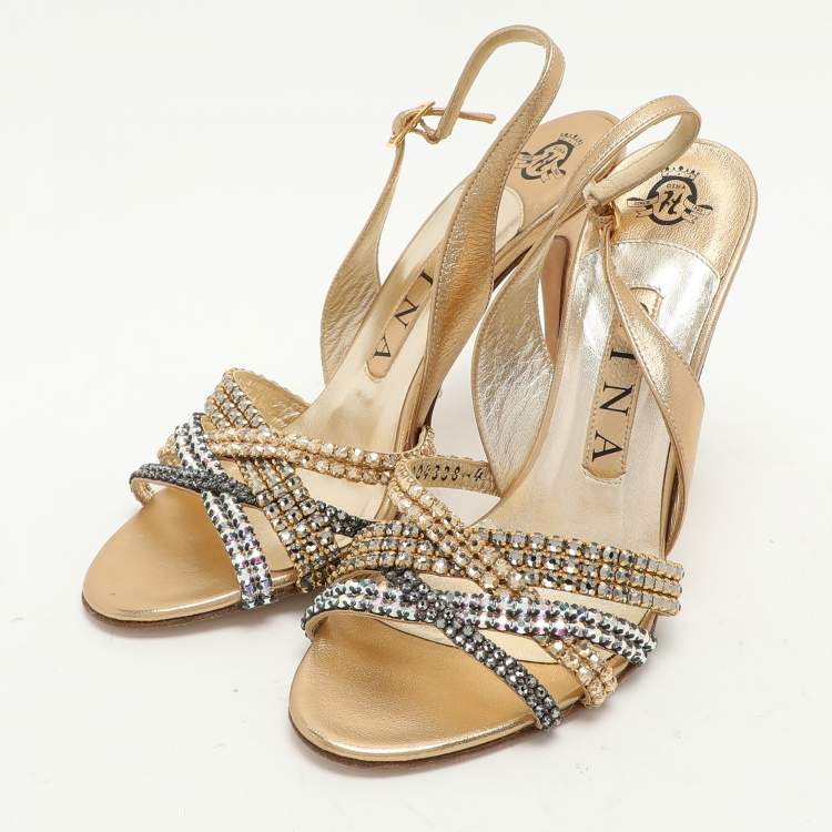 Pre Owned Gina Gold Leather Crystal Embellished Slingback Sandals Size 37