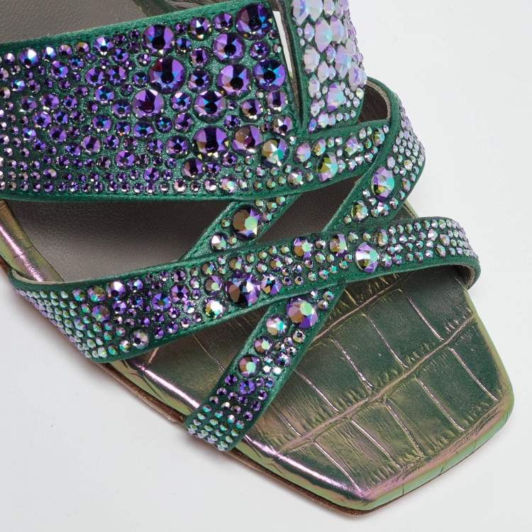 Pre Owned Gina Green Satin Crystal Embellished Slide Sandals Size 40