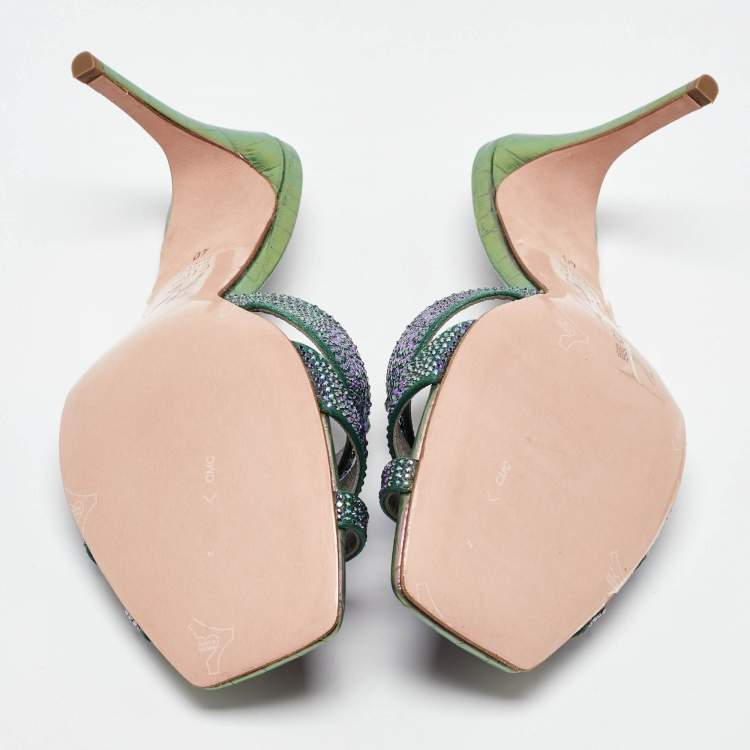 Pre Owned Gina Green Satin Crystal Embellished Slide Sandals Size 40