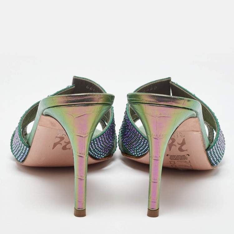 Pre Owned Gina Green Satin Crystal Embellished Slide Sandals Size 40