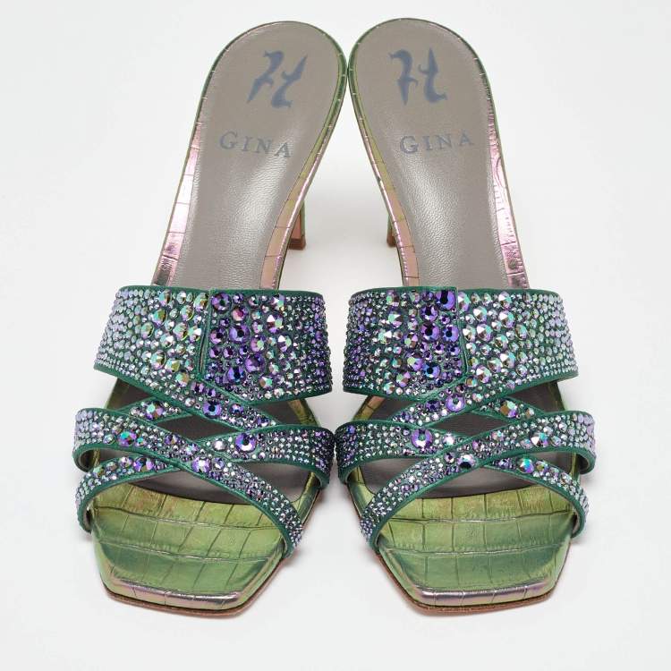 Pre Owned Gina Green Satin Crystal Embellished Slide Sandals Size 40