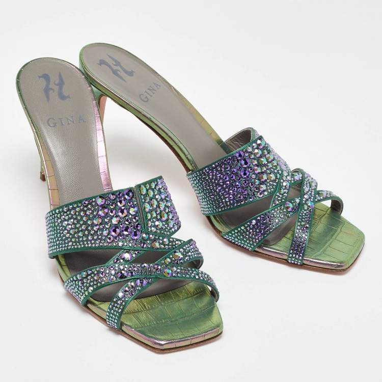 Pre Owned Gina Green Satin Crystal Embellished Slide Sandals Size 40