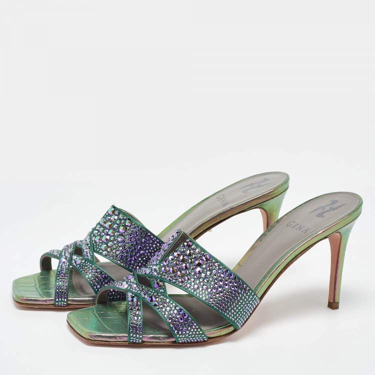 Pre Owned Gina Green Satin Crystal Embellished Slide Sandals Size 40