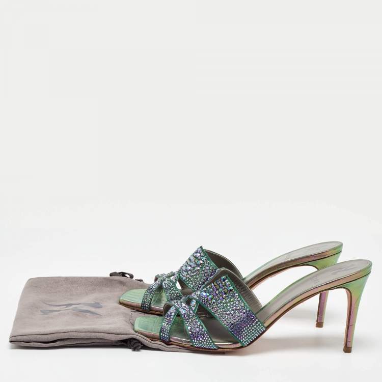 Pre Owned Gina Green Satin Crystal Embellished Slide Sandals Size 40
