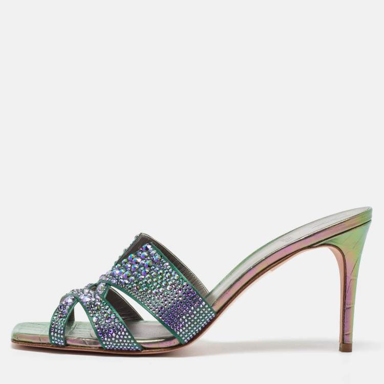 Pre Owned Gina Green Satin Crystal Embellished Slide Sandals Size 40