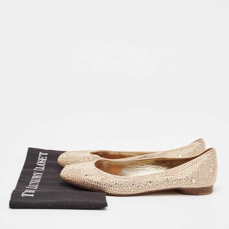 Pre Owned Gina Gold Satin Crystal Embellished Ballet Flats Size 39.5