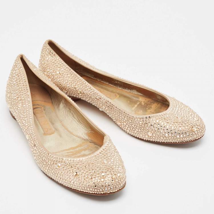 Pre Owned Gina Gold Satin Crystal Embellished Ballet Flats Size 39.5