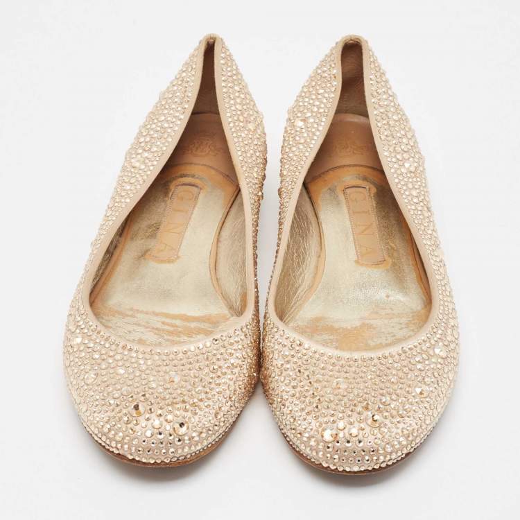 Pre Owned Gina Gold Satin Crystal Embellished Ballet Flats Size 39.5