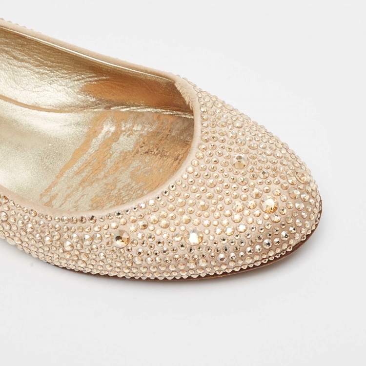 Pre Owned Gina Gold Satin Crystal Embellished Ballet Flats Size 39.5