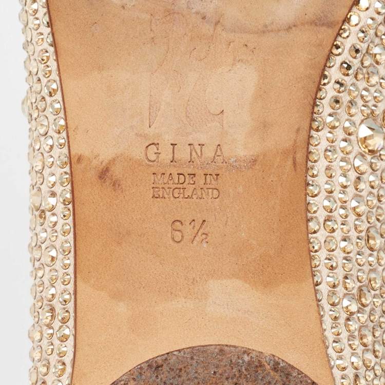 Pre Owned Gina Gold Satin Crystal Embellished Ballet Flats Size 39.5