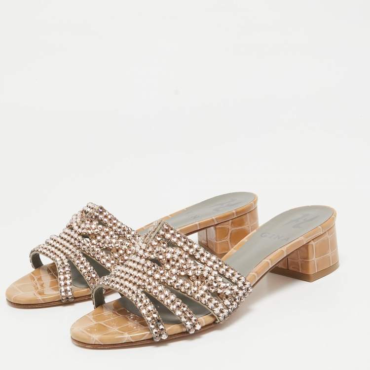 Pre Owned Gina Beige Leather Crystal Embellished Slide Sandals Size 36