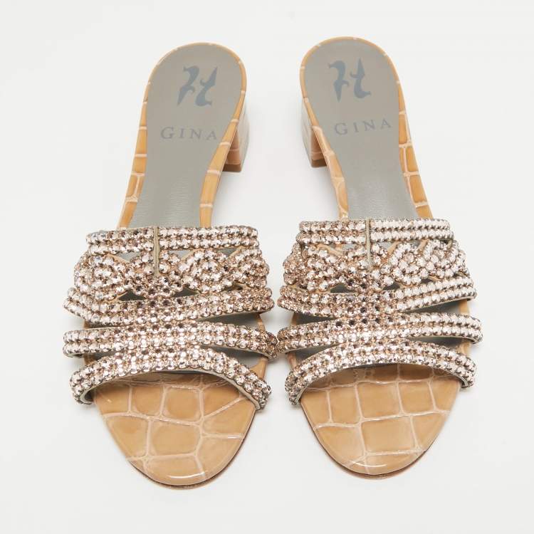 Pre Owned Gina Beige Leather Crystal Embellished Slide Sandals Size 36