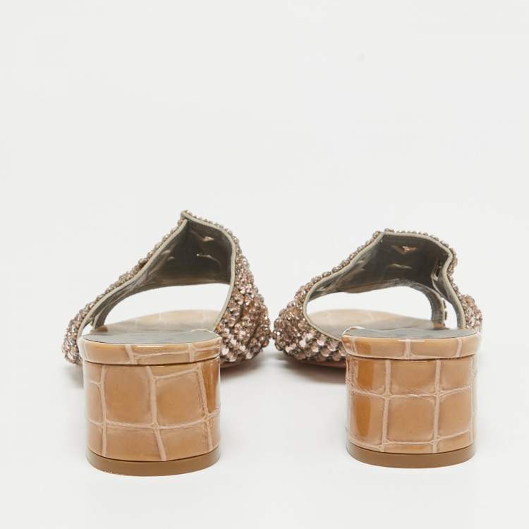 Pre Owned Gina Beige Leather Crystal Embellished Slide Sandals Size 36