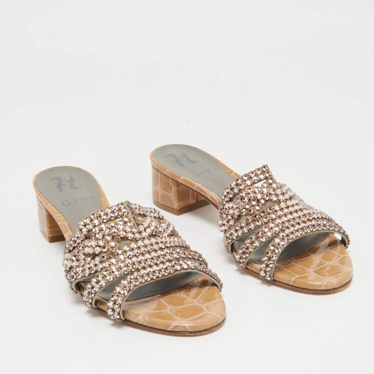 Pre Owned Gina Beige Leather Crystal Embellished Slide Sandals Size 36