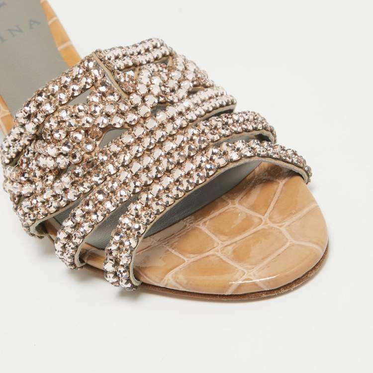 Pre Owned Gina Beige Leather Crystal Embellished Slide Sandals Size 36
