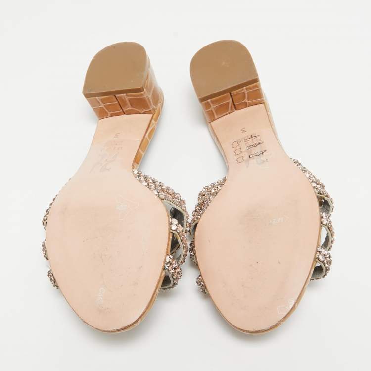 Pre Owned Gina Beige Leather Crystal Embellished Slide Sandals Size 36