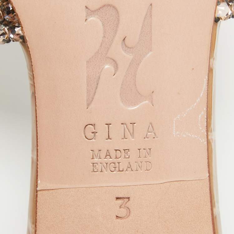 Pre Owned Gina Beige Leather Crystal Embellished Slide Sandals Size 36