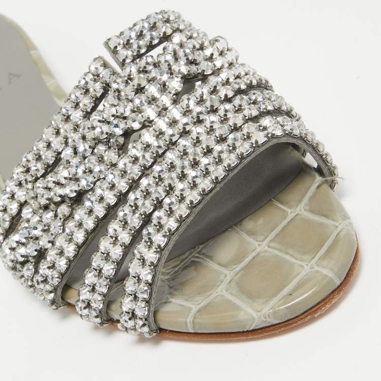 Pre Owned Gina Grey Leather Crystal Embellished Flat Slide Sandals Size 36