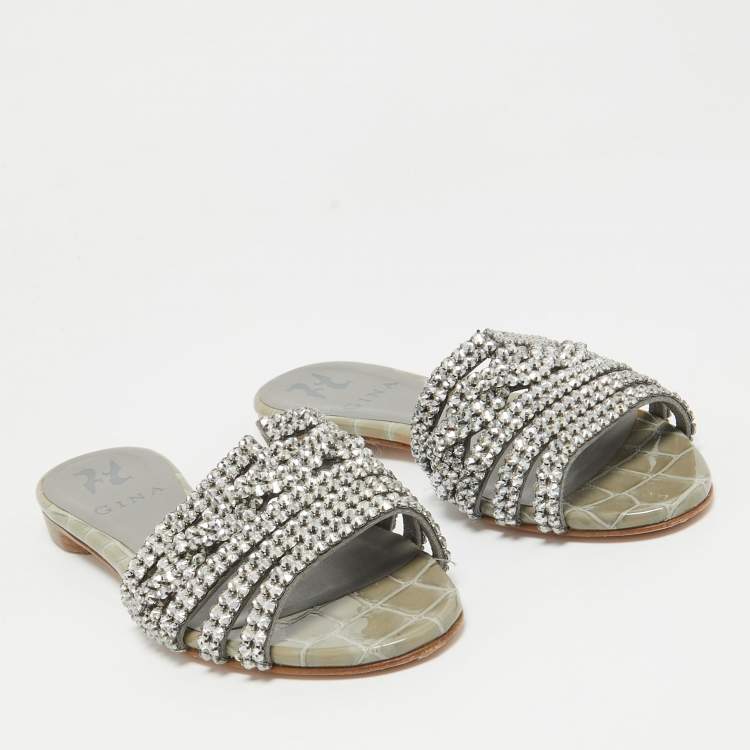 Pre Owned Gina Grey Leather Crystal Embellished Flat Slide Sandals Size 36