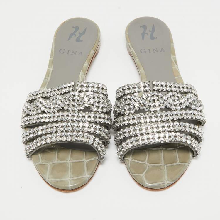 Pre Owned Gina Grey Leather Crystal Embellished Flat Slide Sandals Size 36
