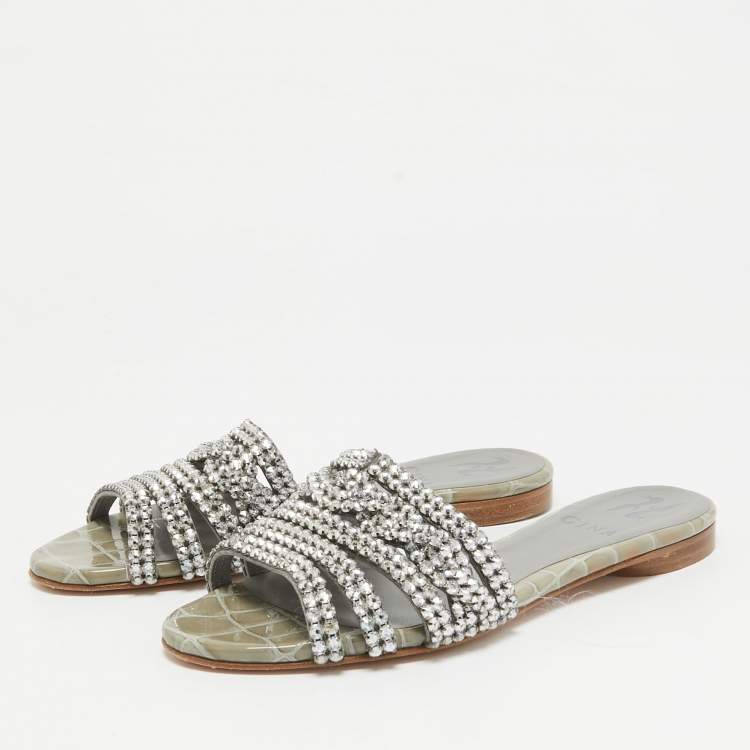 Pre Owned Gina Grey Leather Crystal Embellished Flat Slide Sandals Size 36