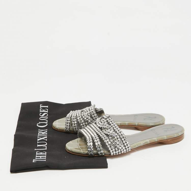 Pre Owned Gina Grey Leather Crystal Embellished Flat Slide Sandals Size 36