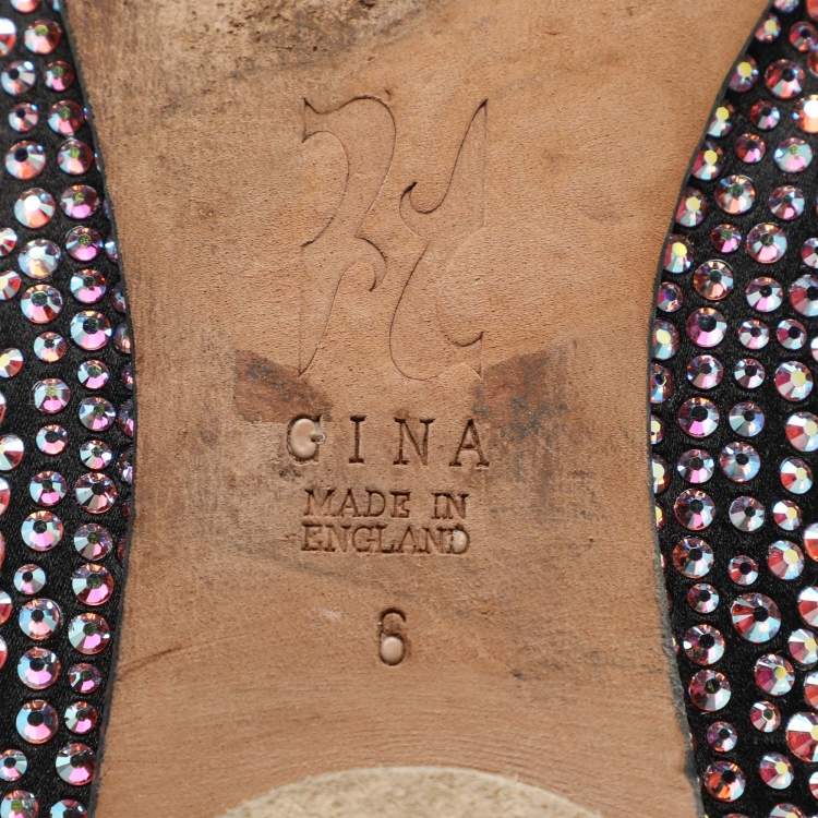 Pre Owned Gina Black Satin Crystal Embellished Ballet Flats Size 39