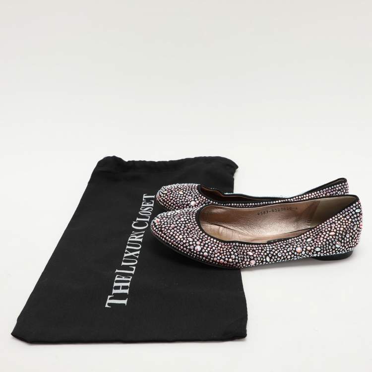 Pre Owned Gina Black Satin Crystal Embellished Ballet Flats Size 39